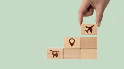 Business travel and shopping logistics visualized with building blocks on light background