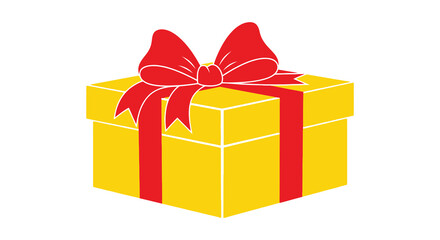 Bright yellow gift box tied with a red ribbon and bow isolated on white background