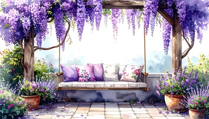 Cozy garden seat with floral decorations and pillows high resolution image