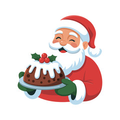 Santa Claus Holding a Christmas Pudding, Happy Santa with Plum Pudding and Holly, Cartoon Santa Offering Holiday Dessert, vector, illustration