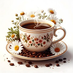 Beautiful white coffee cup with blooming daisies around it high resolution image