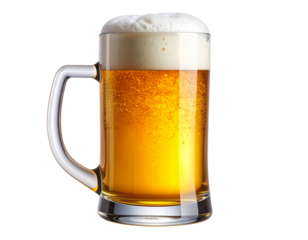Classic Beer Mug Filled with Golden Beer, Front View, Isolated on Transparent Background