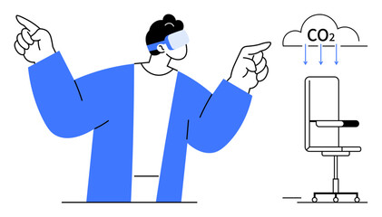 Person wearing VR glasses pointing at a chair symbolizing carbon capture visuals. Ideal for VR technology, sustainability, carbon offset, innovation, future concepts, tech education, simple flat