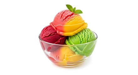 Colorful ice cream scoops in a glass bowl, isolated on white background