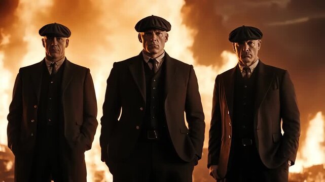 Three men in suits and caps stand before a fiery backdrop, exuding power.