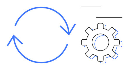 Circular arrows symbolizing process flow paired with a gear for optimization. Ideal for technology, automation, workflow, efficiency, system updates, data management, simple flat metaphor