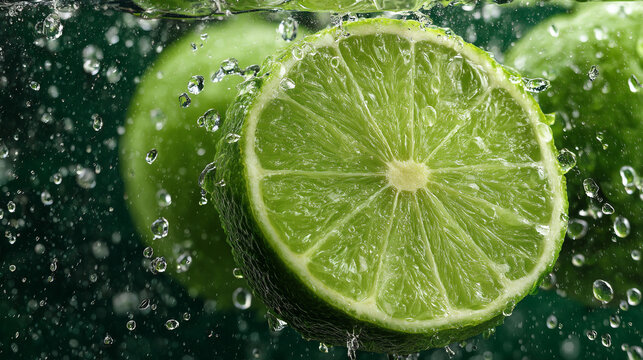 Close up of a sliced lime with water droplets around it and other limes in the background