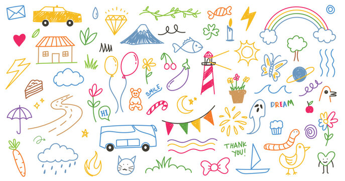 Naklejki Kid scribble doodle, cute drawing, various icon, hand drawn childish funny element