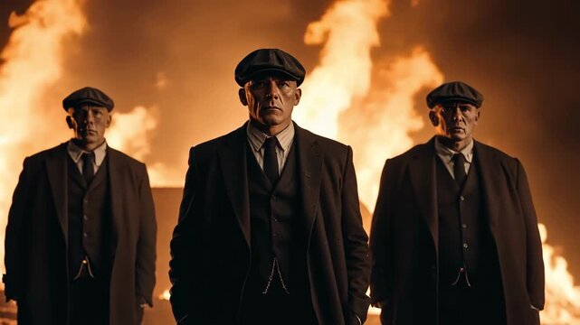Men in suits stand defiantly before a raging fire, exuding power and danger.