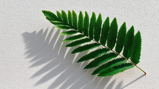 Peaceful green leaf with shadow on textured white wall creates visual for eco meditation apps background and nature calm