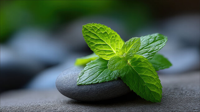 Peaceful visual for eco meditation apps with fresh green mint leaves on smooth gray stone in soft natural light