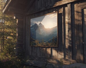 A framed painting of a majestic mountain landscape at sunrise is displayed on the weathered wooden wall of a rustic cabin. Sunlight illuminates the peaks and surrounding trees.
