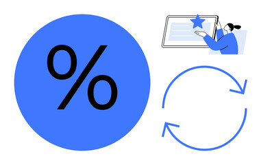Large percentage sign, tablet with rating star, and circular arrows symbolizing progress, evaluation, feedback, calculation. Ideal for business, finance, marketing education user experience