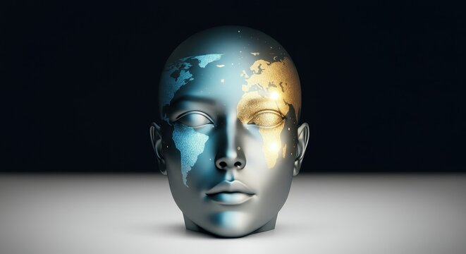 A futuristic, metallic human face is overlaid with a digital map of the Earth, split between blue and gold continents. The concept represents global technology and data.