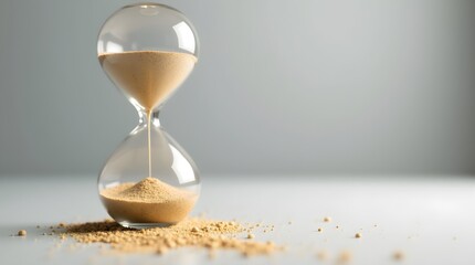 A close up of an hourglass with sand still flowing on a white surface against a grey background wall