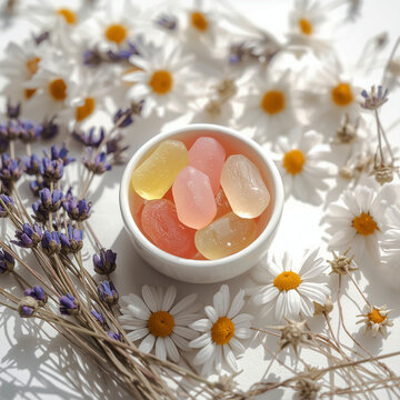 Pastel vitamin gummies in bowl surrounded by lavender and chamomile flowers