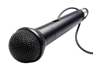 Black Handheld Microphone with Mesh Head, Front View, Isolated on White Background 