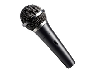 Black Handheld Microphone with Mesh Head, Front View, Isolated on White Background