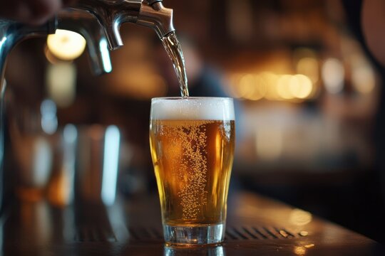 A bustling bar scene with a bartender pouring beer into a glass, surrounded by patrons enjoying their drinks.