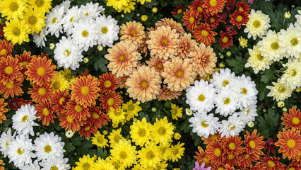 Beautiful seamless floral pattern of yellow daisies and colorful spring flowers blooming from above