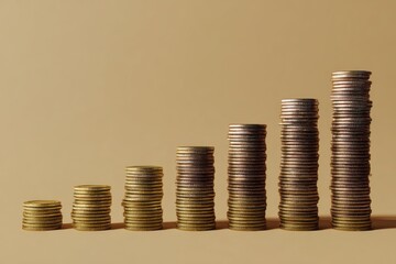 Stacked gold coins arranged in ascending order creating a visual representation of financial growth and increasing wealth against a plain, neutral background.