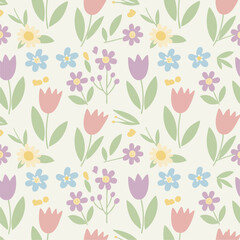 Spring Floral Pattern

Seamless flat-vector pattern of spring flowers, leaves, buds, and branches, soft pastel colors, simple shapes, repeating tile, minimal and clean design.