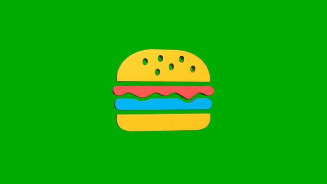 A vibrant and minimalist animated hamburger icon on a solid green background perfect for fast food promotions digital menus or healthy eating concepts.