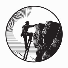 Worker Climbing Ladder on Hilly Terrain Vector Illustration