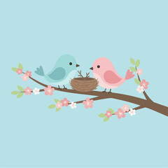 Birds Nesting in Spring Tree

Flat-vector illustration of two small birds building a nest on a blossoming branch, pastel sky background, clean shapes, minimal nature details. solid colour