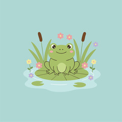 Frog by Spring Pond

Flat-vector green frog sitting beside a pond with cattails, small flowers, fresh leaves, soft blue and green palette, simple shapes and clean vector style. solid colour