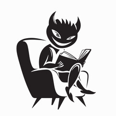 Cute Demon Sitting on Sofa Reading Book Vector Silhouette