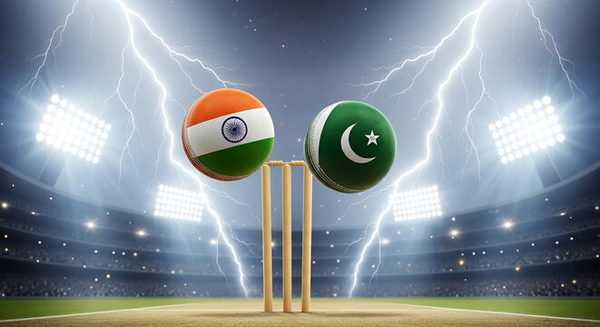 Intense cricket match between india and pakistan under dramatic lightning strikes