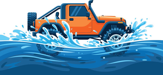 An orange offroad vehicle splashes through the water, showcasing its rugged design and adventurous spirit