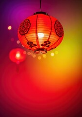 Obraz premium Traditional red Chinese paper lanterns hanging during a vibrant festive celebration for the lunar new year or mid-autumn event, illuminated, holiday, decorative