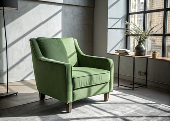 Big Modern Green Armchair in Stylish Grey Room – Premium Furniture for Home & Office Decor
