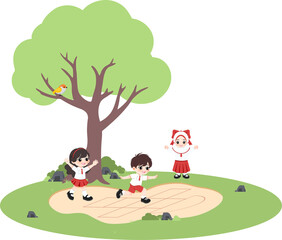 Fototapeta premium Kids playing jumping jack or hopscotch in the park with a tree and rocks on a sunny day