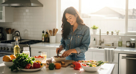 Woman preparing fresh vegetables in a bright kitchen