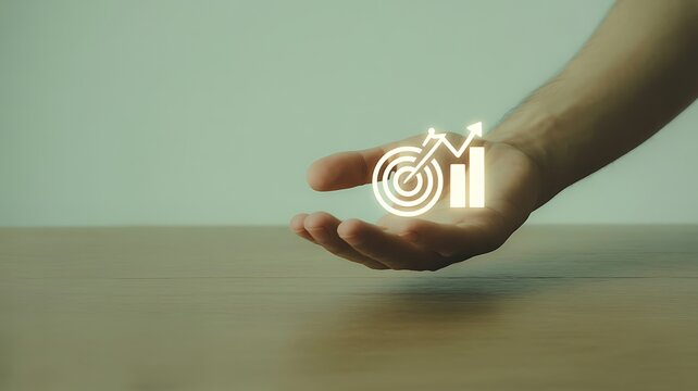Reaching Business Goals A Hand Holding a Target Symbol with Arrow and Bar Chart