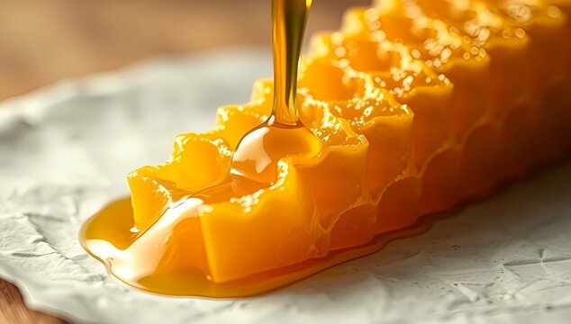 A stream of rich, golden honey flowing over a natural beeswax honeycomb, highlighting its pure, sweet texture and organic goodness