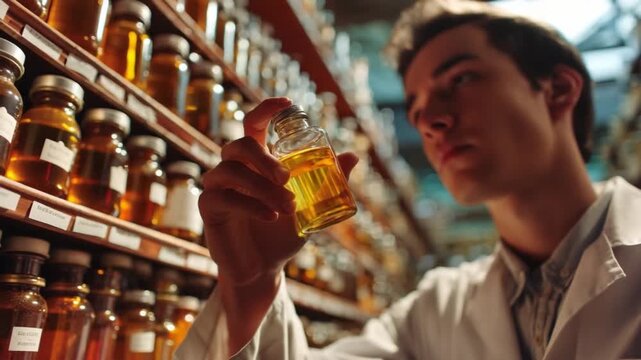 The Scent of Expertise: A focused perfumer inspects a vial of aromatic essence, his discerning gaze reflecting years of refined skill and sensory mastery.
