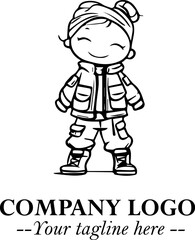 Black and White Chibi Girl Standing in Jacket, Pants, and Boots. Simple Bold Vector Illustration
