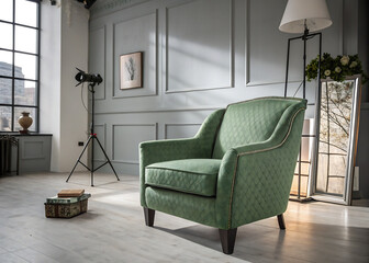 Big Modern Green Armchair in Stylish Grey Room – Premium Furniture for Home & Office Decor