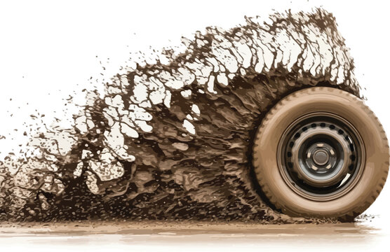 A car wheel spinning in mud, creating a splash of dirt and debris, the tire is dirty and the background is clean