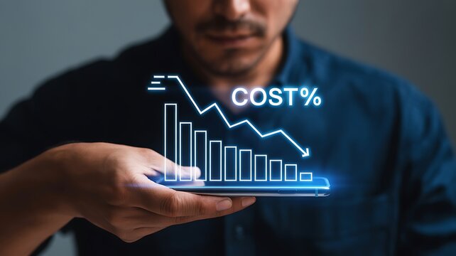 Businessman analyzing business cost reduction on a futuristic smartphone display