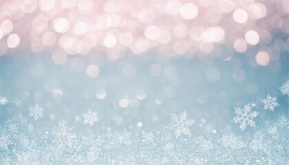 Frosty Christmas background with blurred lights and white snowflakes, glitter texture