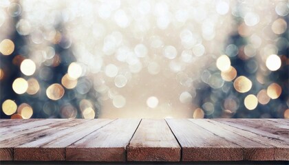 Warm light and blur of holiday season, rustic wooden table top with copy space