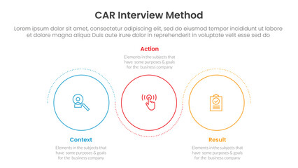 CAR interview method infographic 3 point with outline circle circular wave up and down for slide presentation