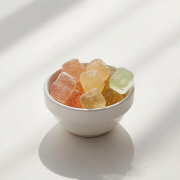 Golden gummies in white bowl on clean minimalist background