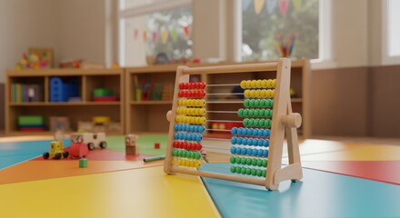 A wooden abacus with red yellow and blue beads stands on a colorful play mat in a bright kindergarten classroom. Shelves with toys are blurred in the background.