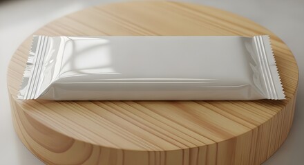 Blank white candy bar wrapper mockup on wooden stand, ready for branding